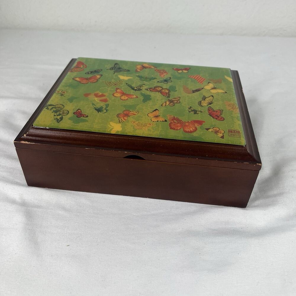 Papyrus Trinket Jewelry Wooden Box With Butterflies On Lid, Felt Lining Interior
